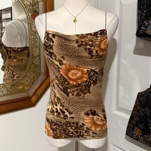VTG Y2K A Byer Brown, Orange & Gold Animal Floral Printed Cowl Neck Cami Top